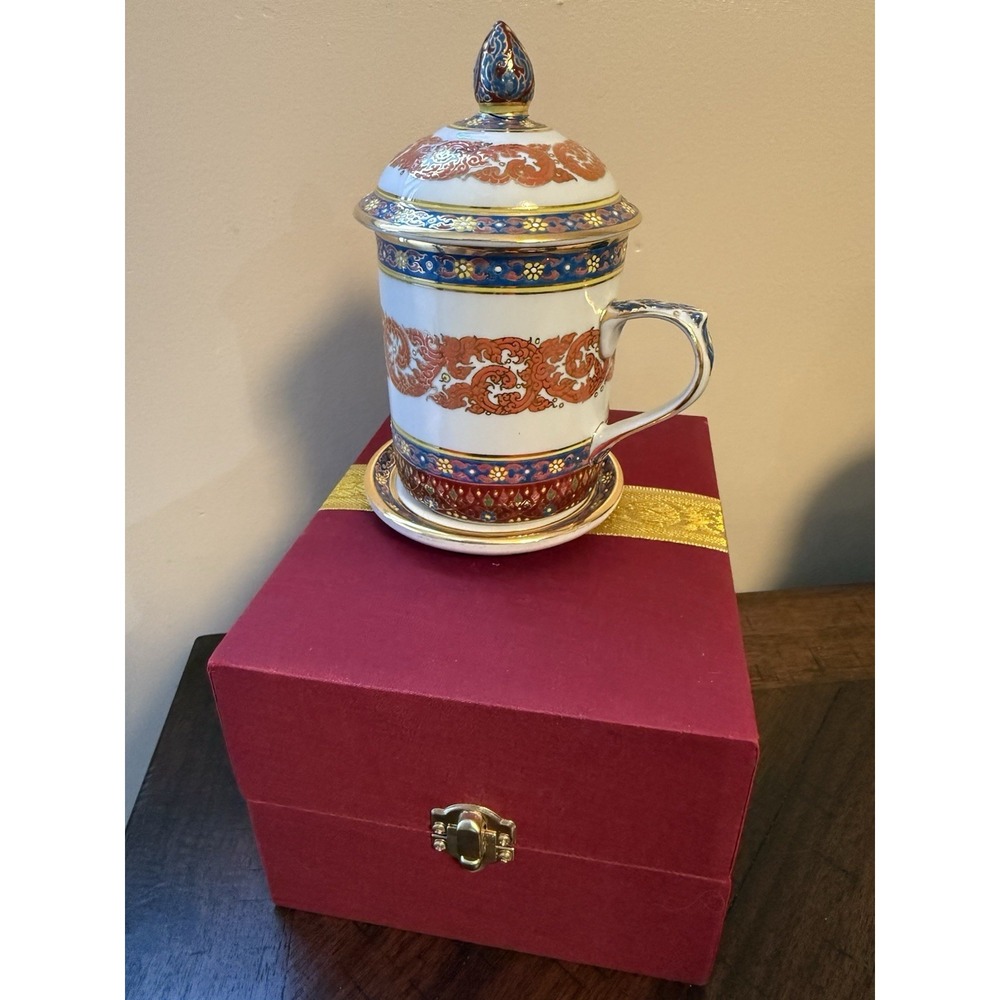 Thai Benjarong Hand-Painted Gold Gilded Porcelain Mug Cup Lid NIB BLUE WHITE